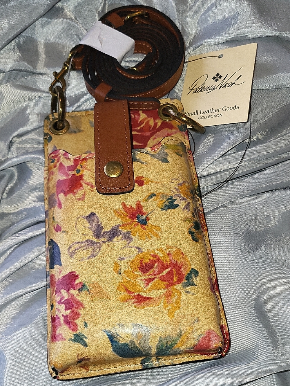 Patricia Nash Farleigh Aegean Blooms Leather Crossbody Phone Case Brown StrapALm